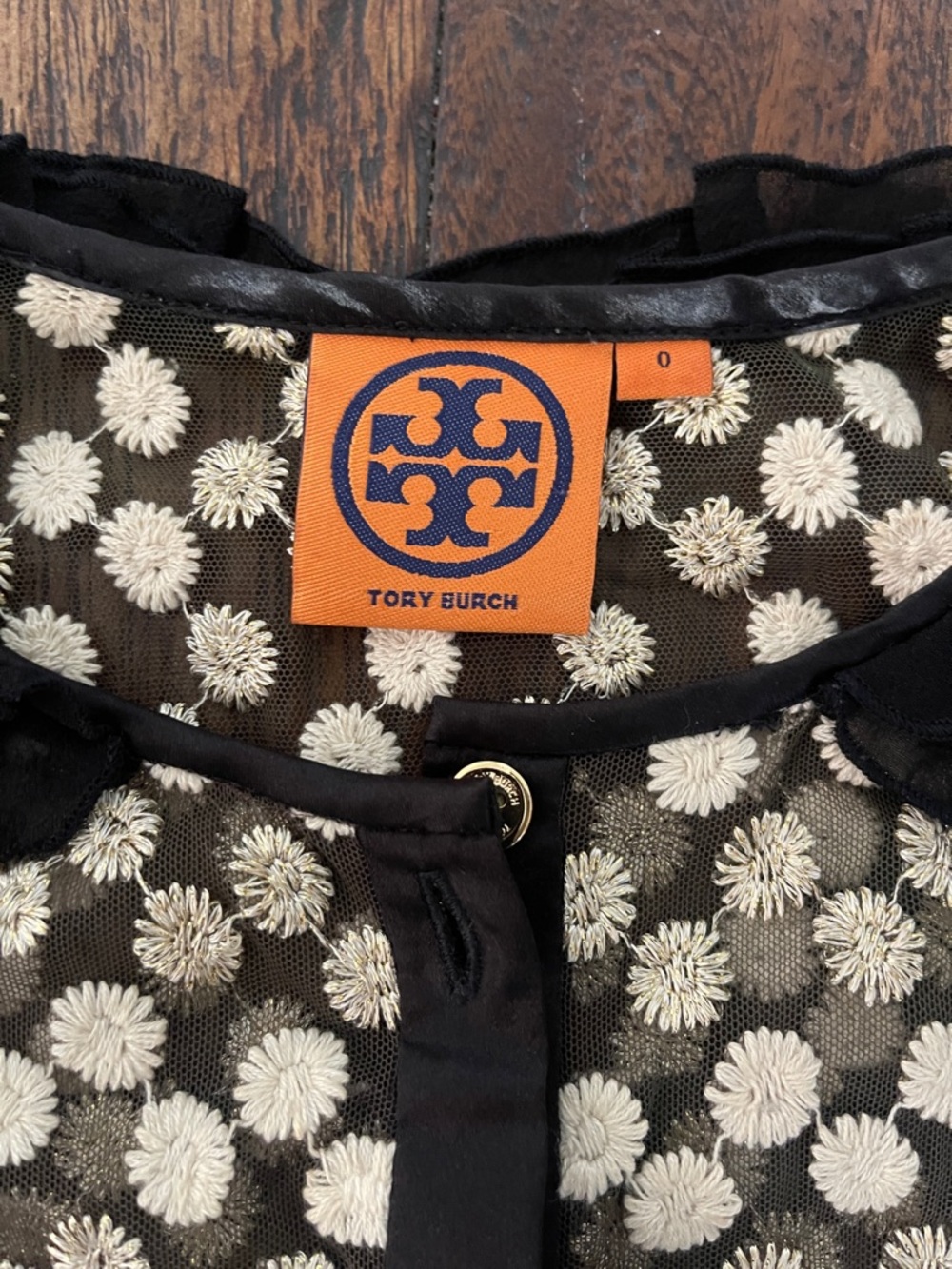 Tory Burch Black Mesh Top with Cream Floral Embroidery